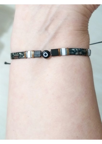 Siyah Cam Nazar Boncuklu Bakır Rengi Hematit Doğaltaşlı Miyuki Tila Unisex Bileklik fırsatları