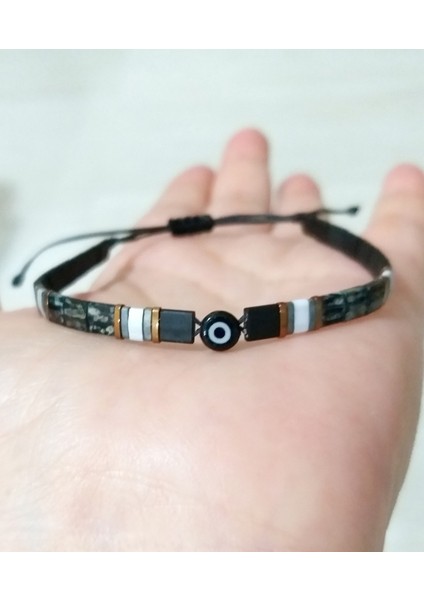 Siyah Cam Nazar Boncuklu Bakır Rengi Hematit Doğaltaşlı Miyuki Tila Unisex Bileklik indirimleri