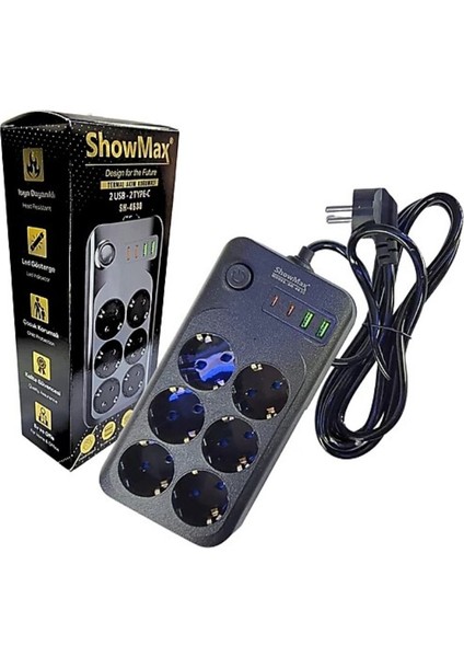 Showmax SH-4630 Termal Akım Korumalı Priz 6 Priz+2 Usb+2 Type-C Giriş