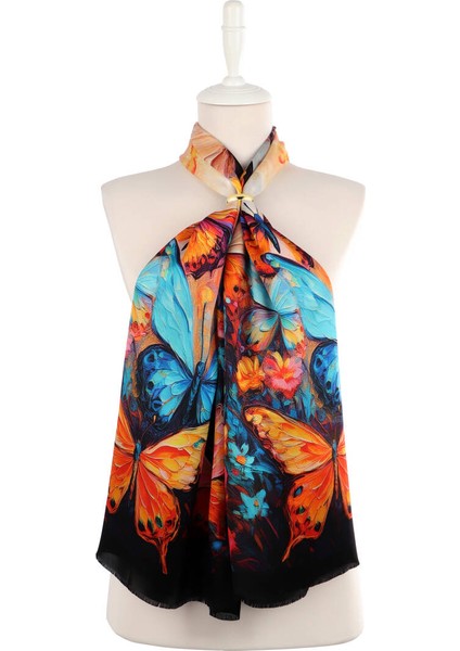 Turkuaz Kelebek Desen Ipek Fular