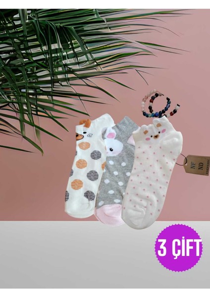 Patik Çorap Kulaklı Pamuklu Desenli Kadın Çorabı 36-40 Puantiyeli, Gripembe ve Krem 3 Çift