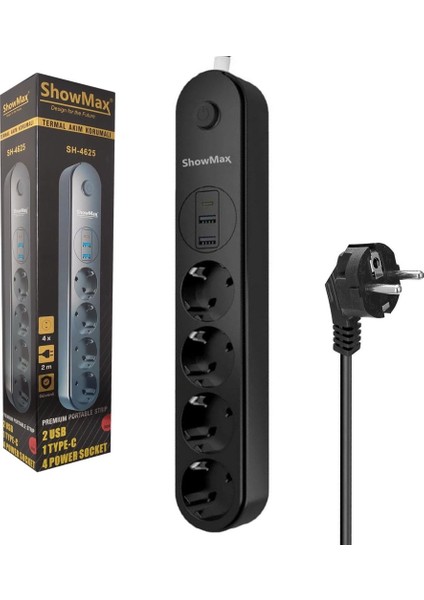 Showmax SH-4625 Termal Akım Korumalı Priz 4 Priz+2 Usb+1 Type-C Giriş