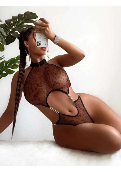 Kadın Leopar Desen Kahverengi Bodysuit Zincir Aksesuarlı Özel Gece Giyim Babydoll fiyatları