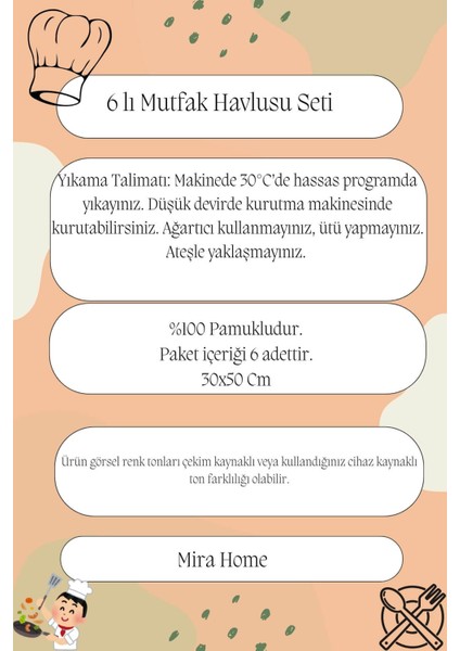 6'lı Mutfak Havlusu Seti 30 x 50 cm Pamuk Doku Yumuşak Clara