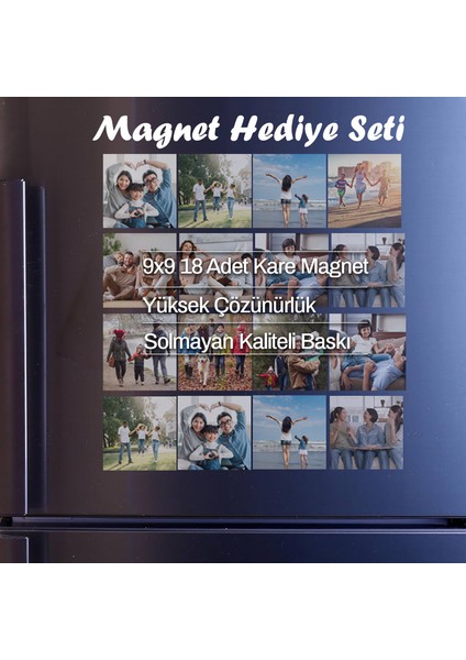 Kişiye Özel 9x9 cm Kare Fotoğraf Magnet Seti – 18 Adet Hatıra Görselleri ile Buzdolabı Veya Metal Yüzeyler Için Dekoratif ve Anı Dolu Tasarım