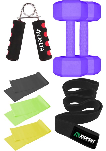 Loop Bant, 3 Adet Orta Sert Pilates Lastiği, El Yayı ve 1kg x 2 Adet Dambıl Seti - Tam Egzersiz