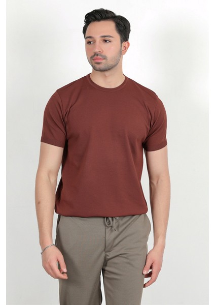 Erkek Bisiklet Yaka Kısa Kol Basic Triko T-Shirt Kahverengi - 2501