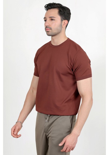 Erkek Bisiklet Yaka Kısa Kol Basic Triko T-Shirt Kahverengi - 2501 fiyatları