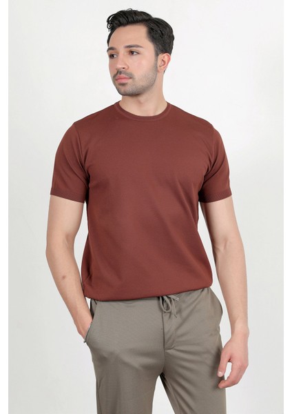 Erkek Bisiklet Yaka Kısa Kol Basic Triko T-Shirt Kahverengi - 2501 modelleri