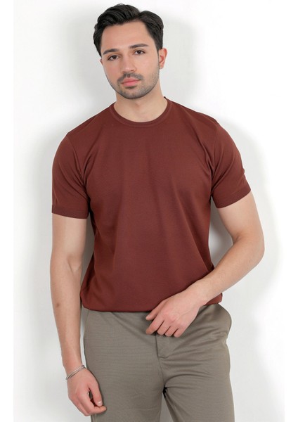 Erkek Bisiklet Yaka Kısa Kol Basic Triko T-Shirt Kahverengi - 2501 fırsatları
