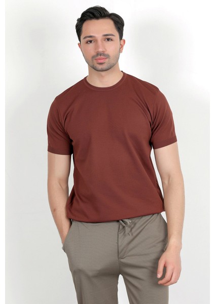 Erkek Bisiklet Yaka Kısa Kol Basic Triko T-Shirt Kahverengi - 2501 indirimleri