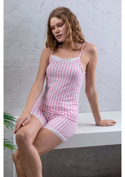 Kadın Askılı Şortlu Dantel Detaylı Çizgili Pijama Takımı Pembe Beyaz - 2031 fırsatları