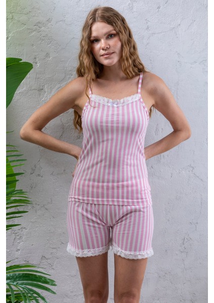 Kadın Askılı Şortlu Dantel Detaylı Çizgili Pijama Takımı Pembe Beyaz - 2031 indirimleri