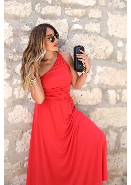 Buketli Kadın Drapeli Beli Lastikli Sandy Kumaş Tek Omuz Elbise fiyatları