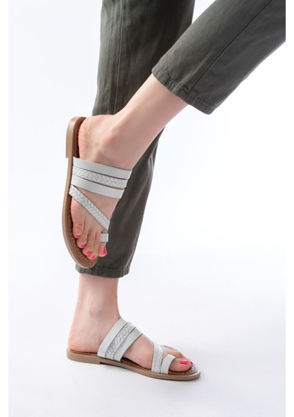 169-160 Beyaz Örgülü Ortopedik Taban Parmak Arası Deri Kadın Terlik fırsatları