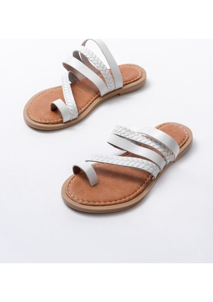 169-160 Beyaz Örgülü Ortopedik Taban Parmak Arası Deri Kadın Terlik indirimleri