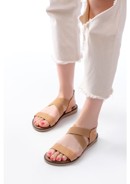 205-04 Taba Tek Bantlı Lastikli Deri Ortopedik Taban Kadın Sandalet modelleri