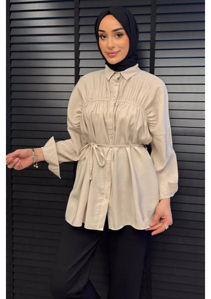 Kadın Ön Büzgü Detaylı Bel Bağlamalı Tesettür Tunik P-00016783