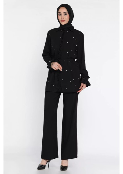 Tesettür Bel Kuşaklı Taşlı Tunik Pantolon Ikili Takım P-00016683