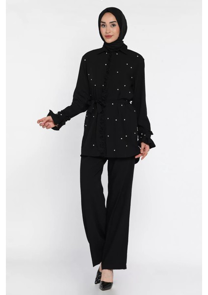 Tesettür Bel Kuşaklı Taşlı Tunik Pantolon Ikili Takım P-00016683