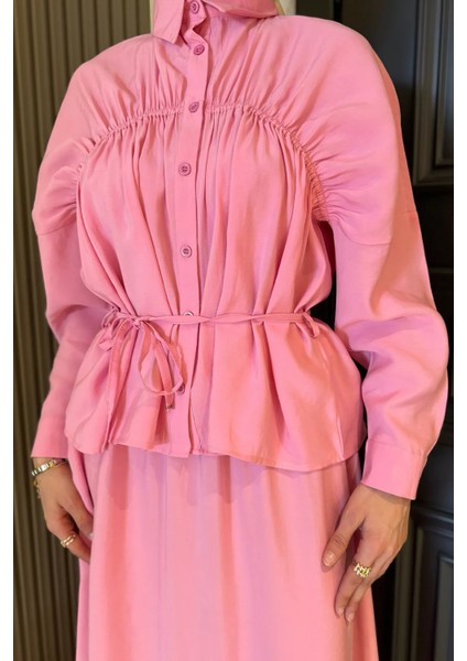 Kadın Büzgü Detaylı Bel Bağlamalı Tunik Etek Ikili Takım P-00016784 modelleri