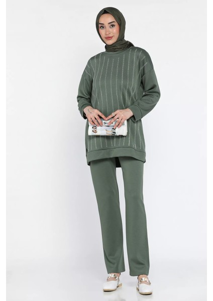 Bisiklet Yaka Taşlı Tesettür Tunik Pantolon Ikili Takım P-00016547