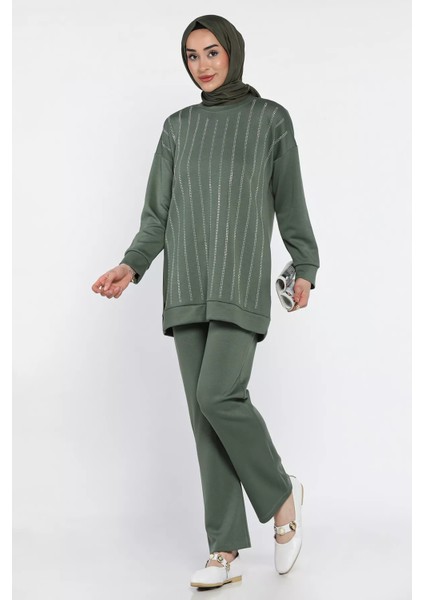 Bisiklet Yaka Taşlı Tesettür Tunik Pantolon Ikili Takım P-00016547