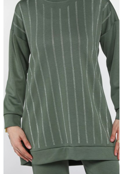 Bisiklet Yaka Taşlı Tesettür Tunik Pantolon Ikili Takım P-00016547
