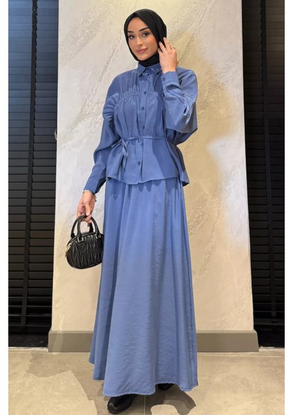 Kadın Büzgü Detaylı Bel Bağlamalı Tunik Etek Ikili Takım P-00016784