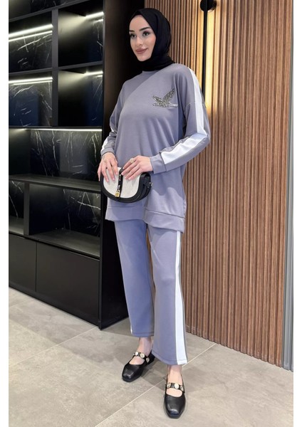 Büyük Beden Renk Garnili Taş Işlemeli Tunik Pantolon Tesettür Ikili Takım P-00016556