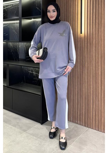 Büyük Beden Renk Garnili Taş Işlemeli Tunik Pantolon Tesettür Ikili Takım P-00016556
