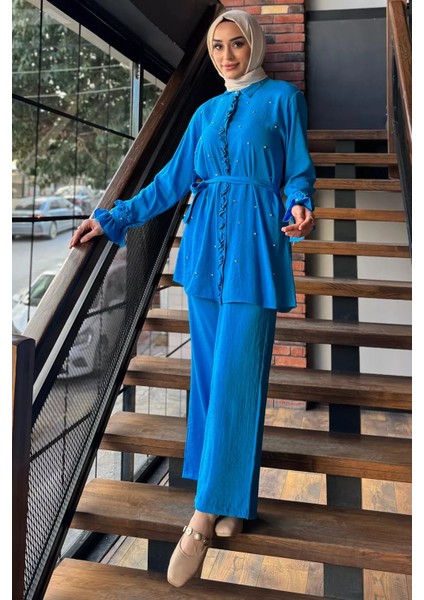 Tesettür Bel Kuşaklı Taşlı Tunik Pantolon Ikili Takım P-00016683