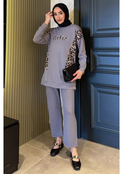 Leopar Desenli Büyük Beden Tunik Pantolon Tesettür Ikili Takım P-00016552