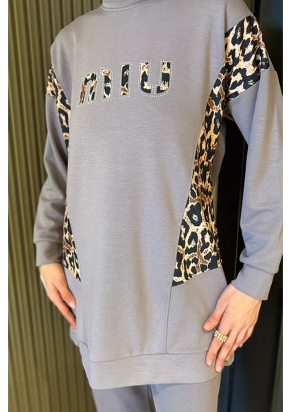 Leopar Desenli Büyük Beden Tunik Pantolon Tesettür Ikili Takım P-00016552 modelleri