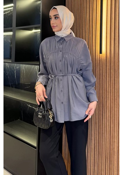 Kadın Ön Büzgü Detaylı Bel Bağlamalı Tesettür Tunik P-00016783