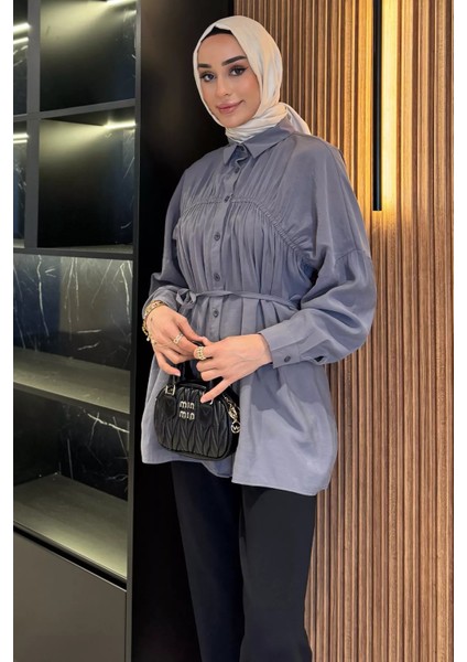 Kadın Ön Büzgü Detaylı Bel Bağlamalı Tesettür Tunik P-00016783