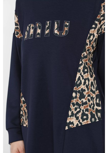 Leopar Desenli Büyük Beden Tunik Pantolon Tesettür Ikili Takım P-00016552