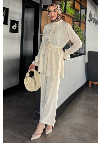 Tesettür Bel Kuşaklı Taşlı Tunik Pantolon Ikili Takım P-00016683