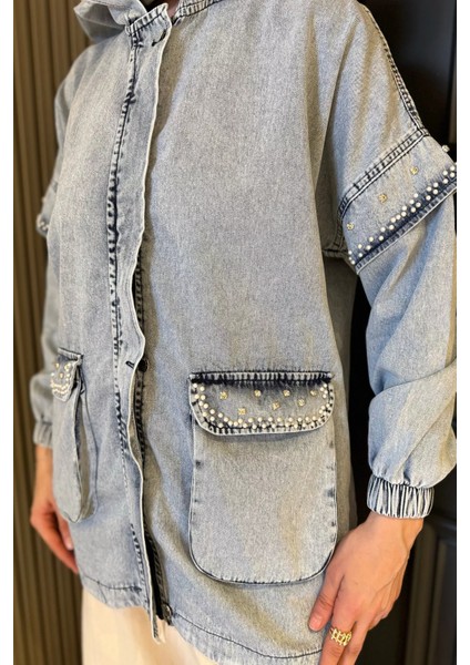 Kapüşonlu Fermuarlı Taş Detaylı Tesettür Jean Kot Ceket P-00016705 modelleri
