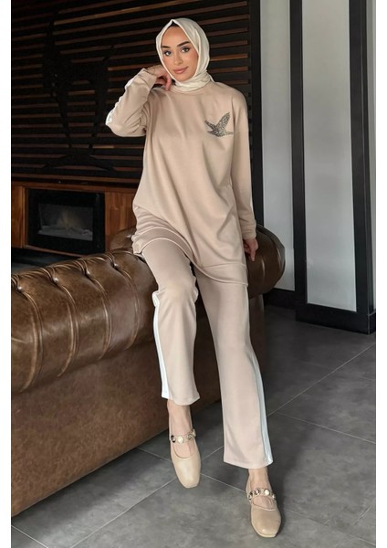 Büyük Beden Renk Garnili Taş Işlemeli Tunik Pantolon Tesettür Ikili Takım P-00016556