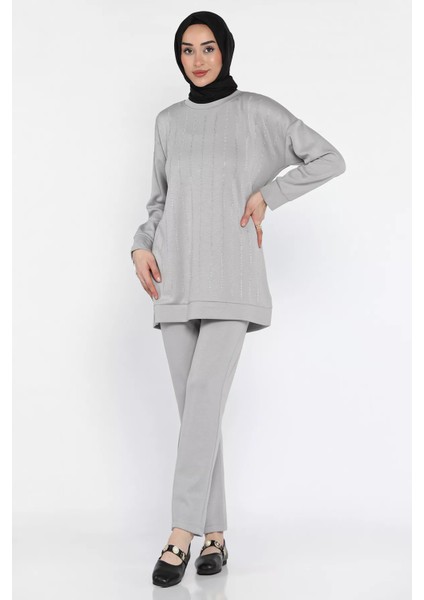 Bisiklet Yaka Taşlı Tesettür Tunik Pantolon Ikili Takım P-00016547