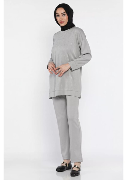 Bisiklet Yaka Taşlı Tesettür Tunik Pantolon Ikili Takım P-00016547