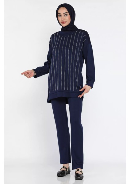 Bisiklet Yaka Taşlı Tesettür Tunik Pantolon Ikili Takım P-00016547