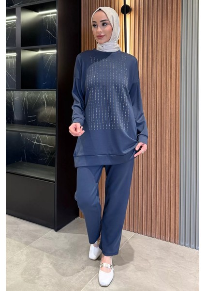 Bisiklet Yaka Ön Taşlı Büyük Beden Tesettür Tunik Pantolon Ikili Takım P-00016525