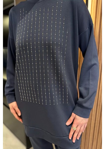 Bisiklet Yaka Ön Taşlı Büyük Beden Tesettür Tunik Pantolon Ikili Takım P-00016525
