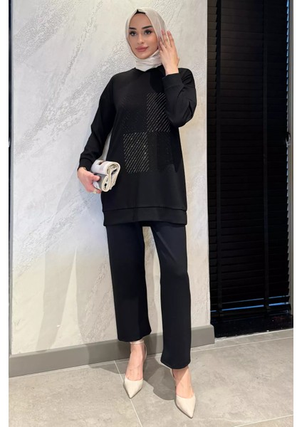 Ön Taşlı Bisiklet Yaka Büyük Beden Tesettür Tunik Pantolon Ikili Takım P-00016528