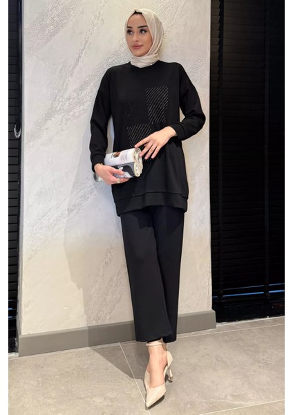 Ön Taşlı Bisiklet Yaka Büyük Beden Tesettür Tunik Pantolon Ikili Takım P-00016528 fiyatları