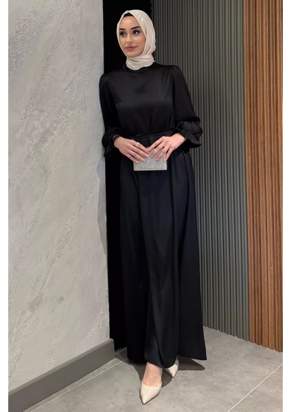 Kol Lastikli Tesettür Saten Abiye Elbise P-00016357