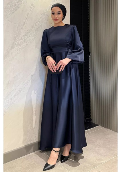 Yan Bağcık Detaylı Tesettür Saten Abiye Elbise P-00016358