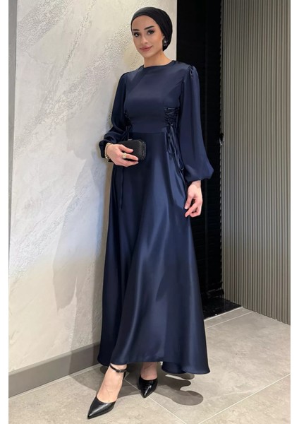 Yan Bağcık Detaylı Tesettür Saten Abiye Elbise P-00016358 fiyatları